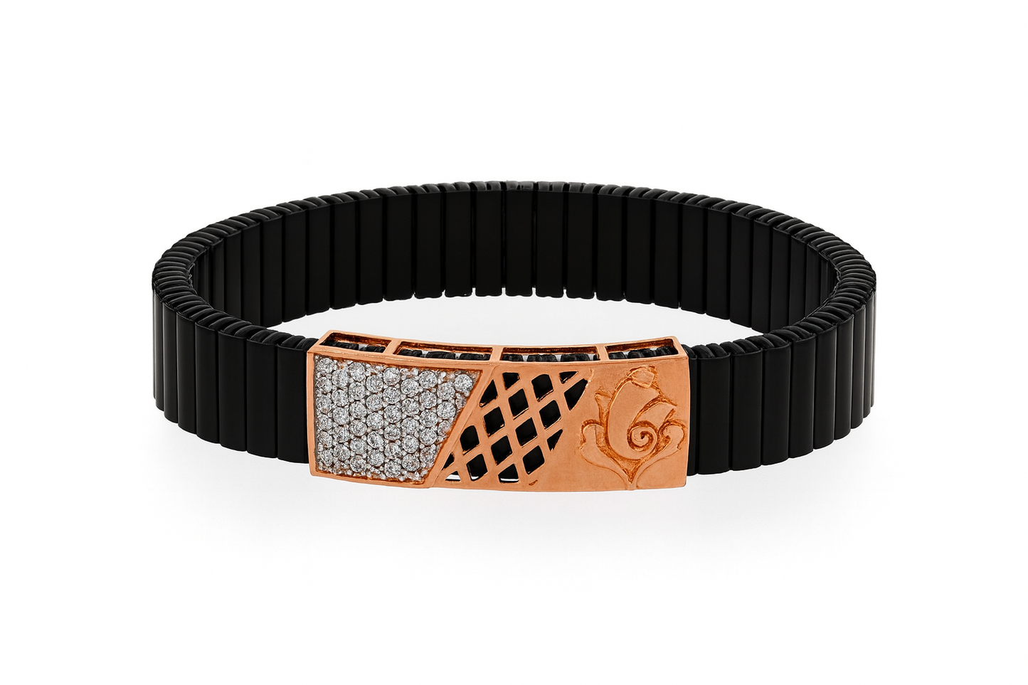 Premium Men’s Designer Bracelet Black Ceramic Stretch Band with Silver CZ Engraved Plate