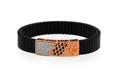 Premium Men’s Designer Bracelet Black Ceramic Stretch Band with Silver CZ Engraved Plate
