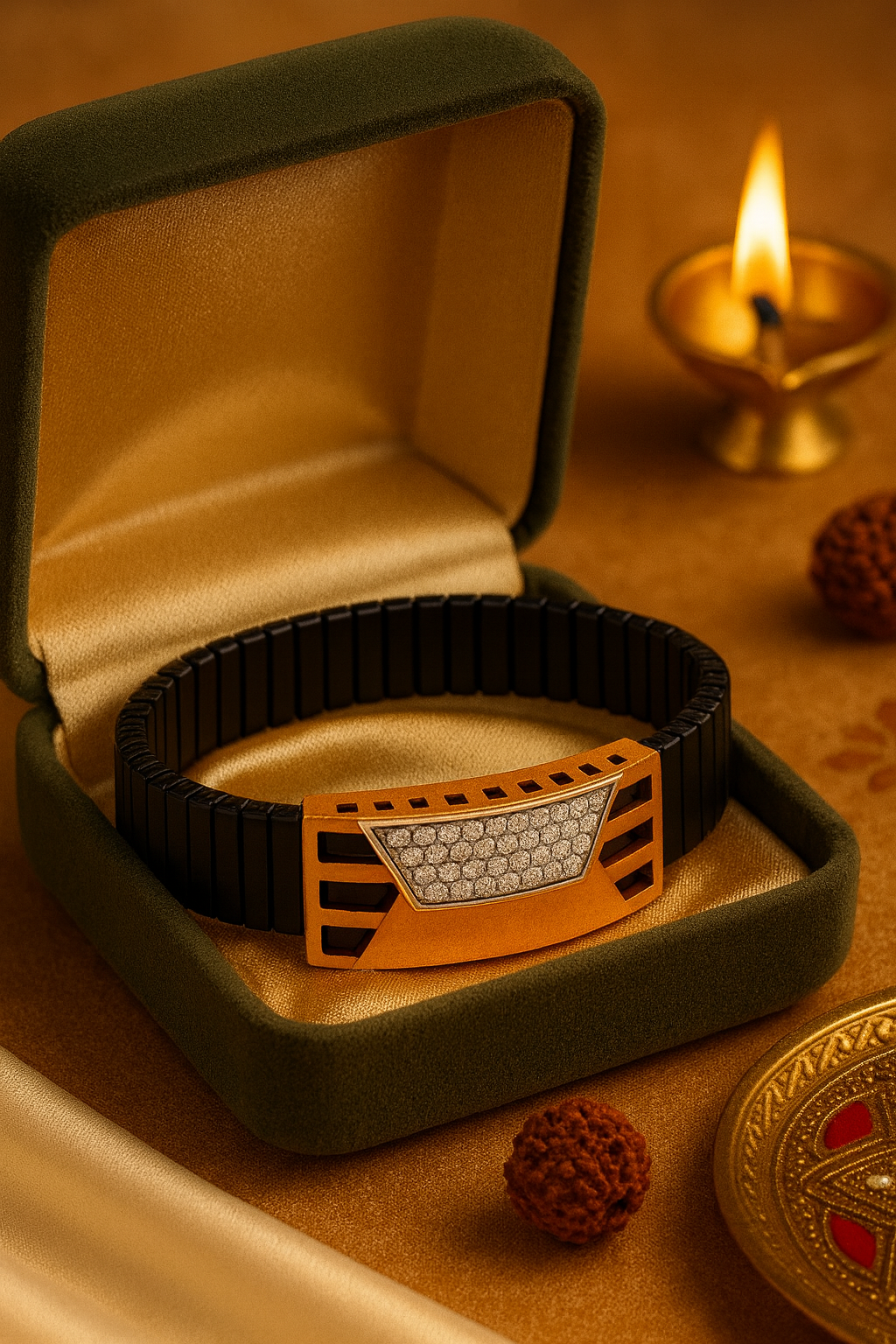 Premium Men’s Bracelet Black Ceramic Stretch Band with Silver CZ Designer Plate