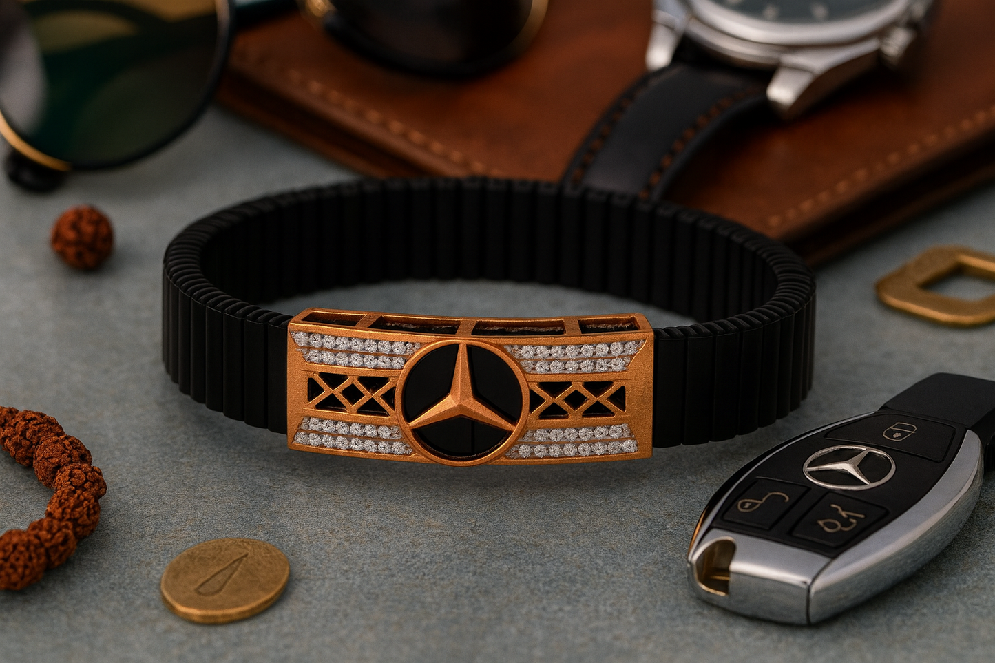 Mercedes Logo Men’s Bracelet Black Ceramic Stretch Band with Rose Gold CZ Designer Plate