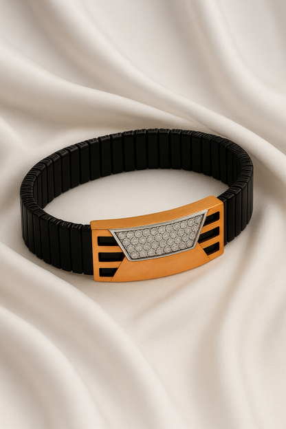 Premium Men’s Bracelet Black Ceramic Stretch Band with Silver CZ Designer Plate