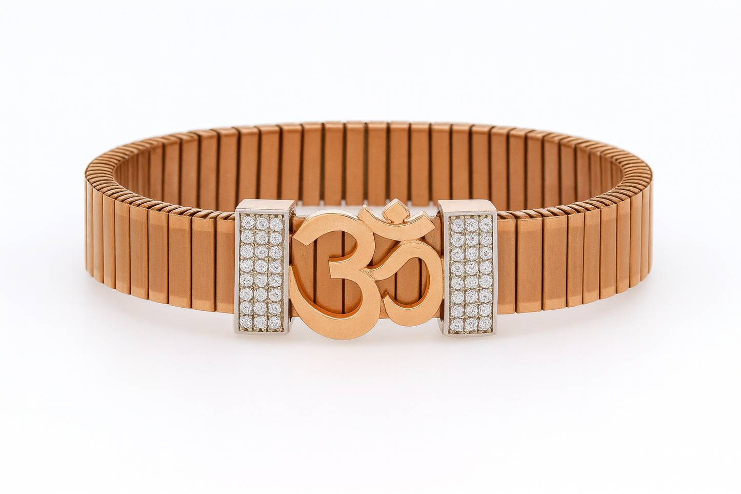 Premium Om Designer Men’s Bracelet Rose-Gold Ceramic Stretch Band with CZ Studded Side Detailing
