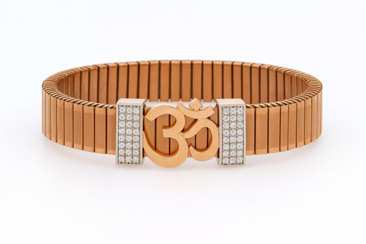 Premium Om Designer Men’s Bracelet Rose-Gold Ceramic Stretch Band with CZ Studded Side Detailing