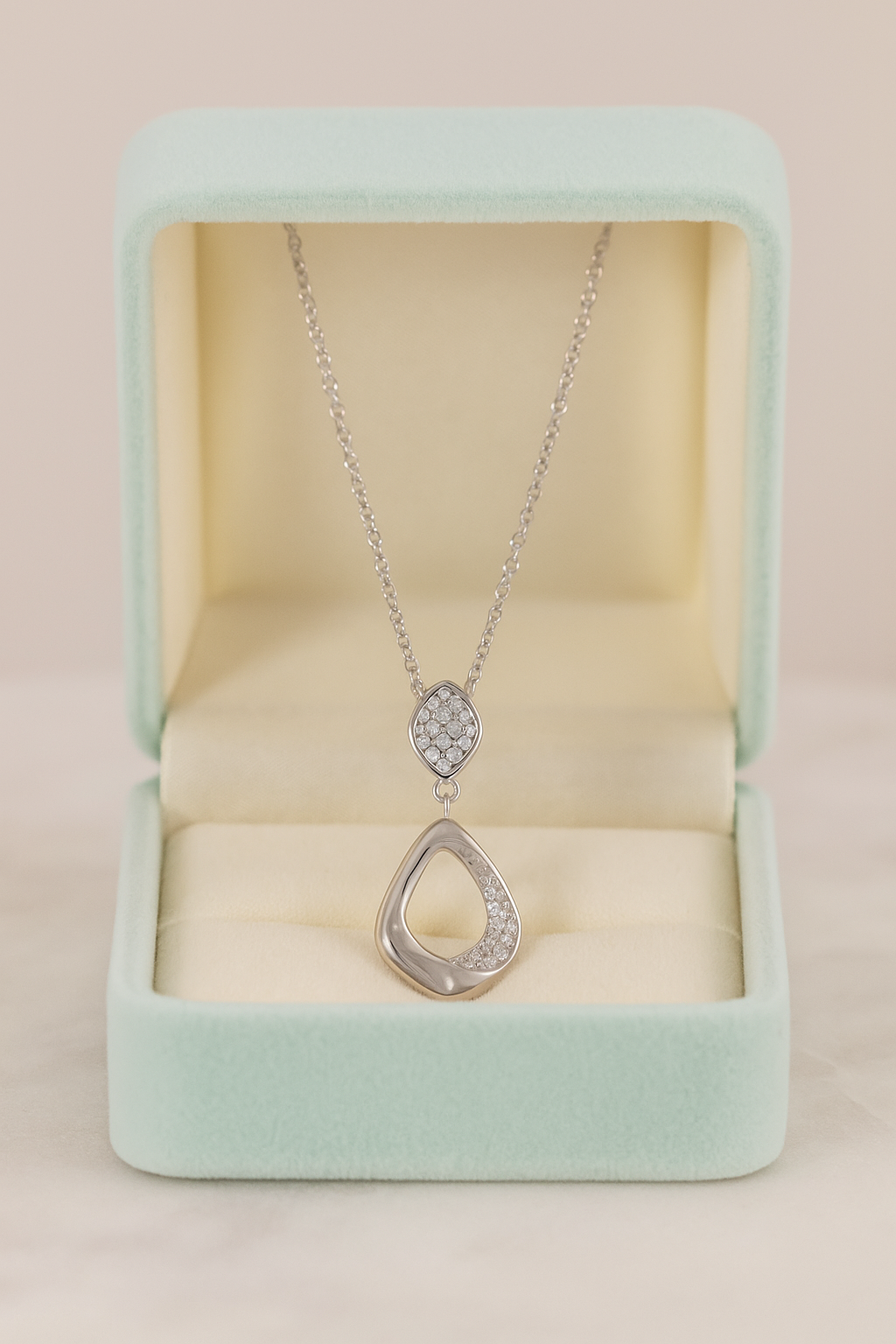 Modern Drop Pendant Necklace White Gold Finish with CZ Cluster Design