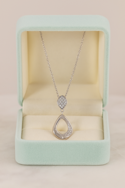 Modern Drop Pendant Necklace White Gold Finish with CZ Cluster Design