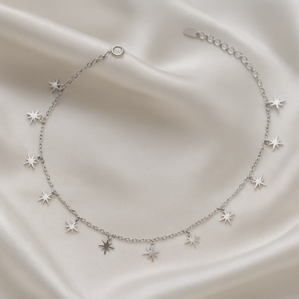 Elegant Silver Starburst Charm Anklet for Women & Girls | Dainty Celestial Daily Wear Adjustable Chain Anklet