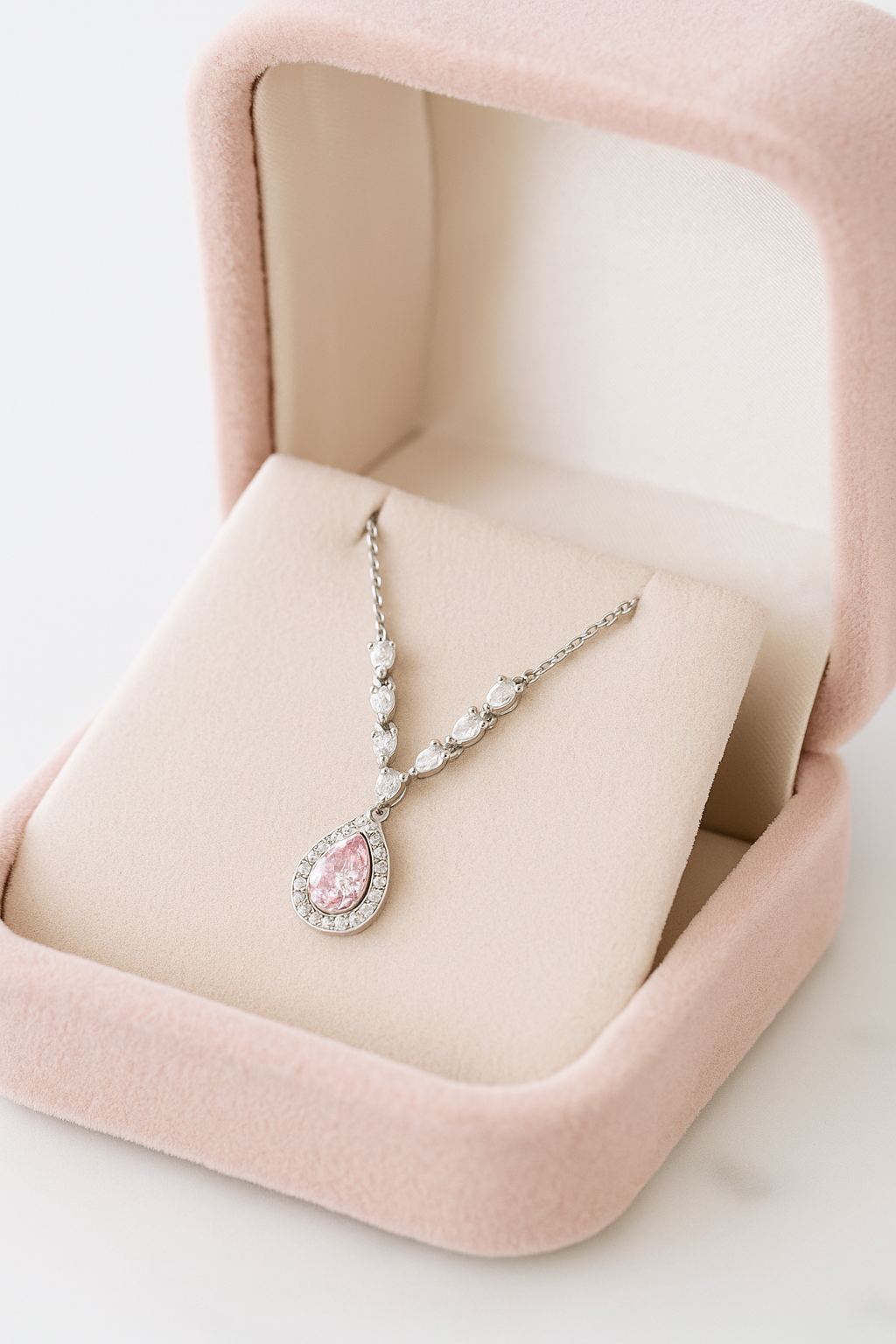 Pink Teardrop Pendant Necklace White Gold Finish with Halo CZ Stones