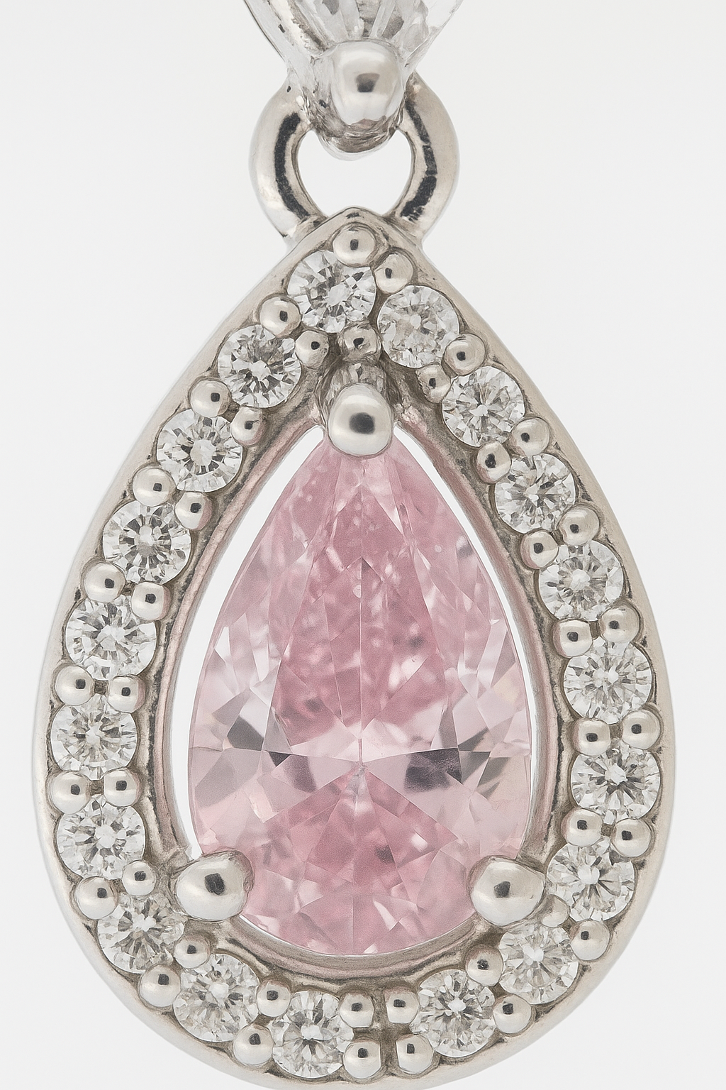 Pink Teardrop Pendant Necklace White Gold Finish with Halo CZ Stones