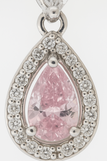 Pink Teardrop Pendant Necklace White Gold Finish with Halo CZ Stones