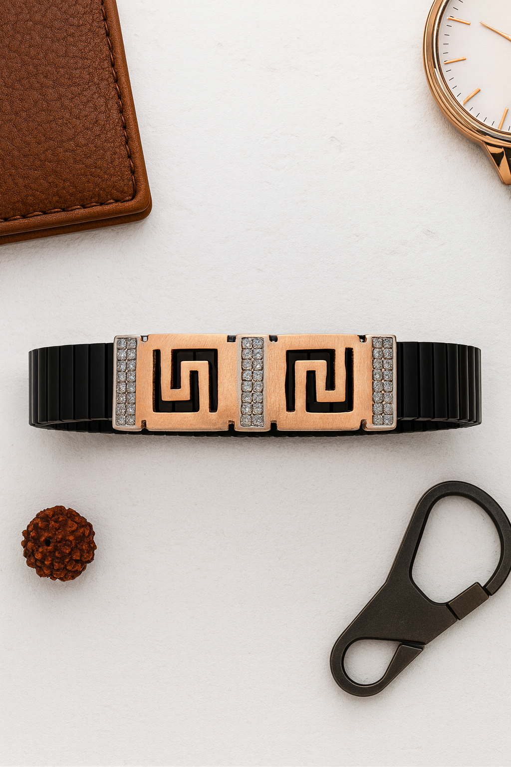 Premium Greek Pattern Men’s Bracelet Black Ceramic Stretch Band with Rose Gold CZ Accents