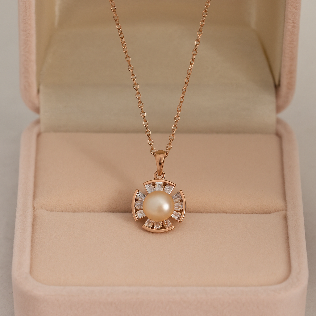Elegant Pearl Pendant Necklace in Rose Gold Finish with Sparkling Stones