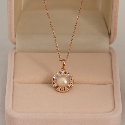 Elegant Pearl Pendant Necklace in Rose Gold Finish with Sparkling Stones