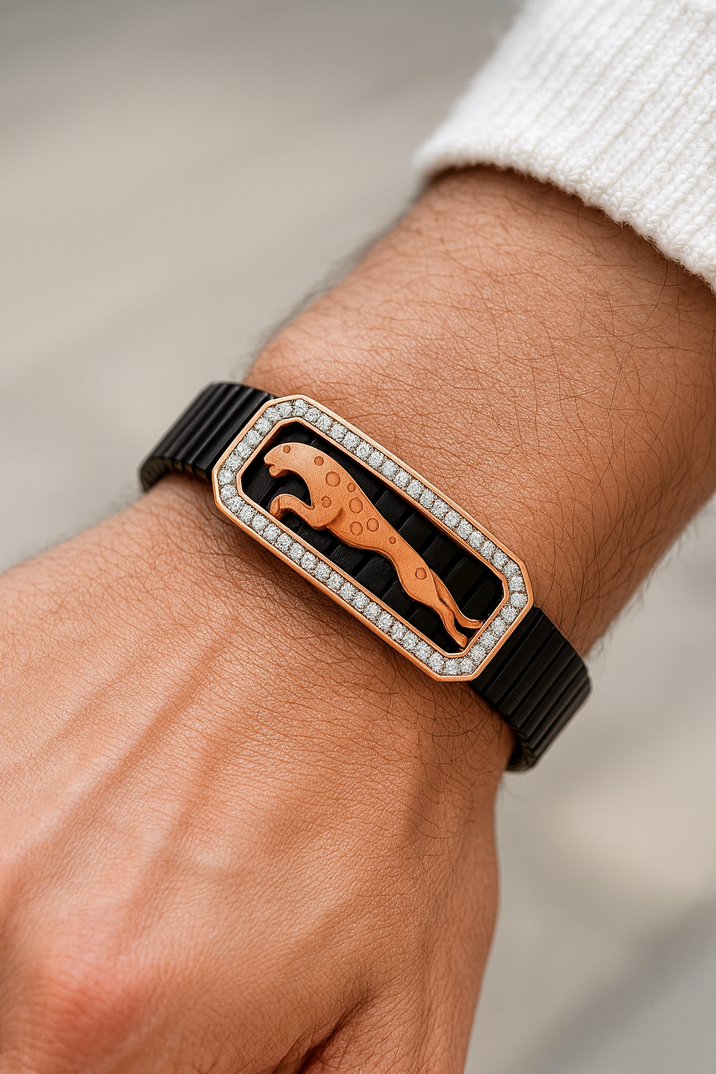 Premium Jaguar Logo Men’s Bracelet Black Ceramic Stretch Band with Silver CZ Plate