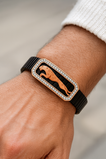 Premium Jaguar Logo Men’s Bracelet Black Ceramic Stretch Band with Silver CZ Plate