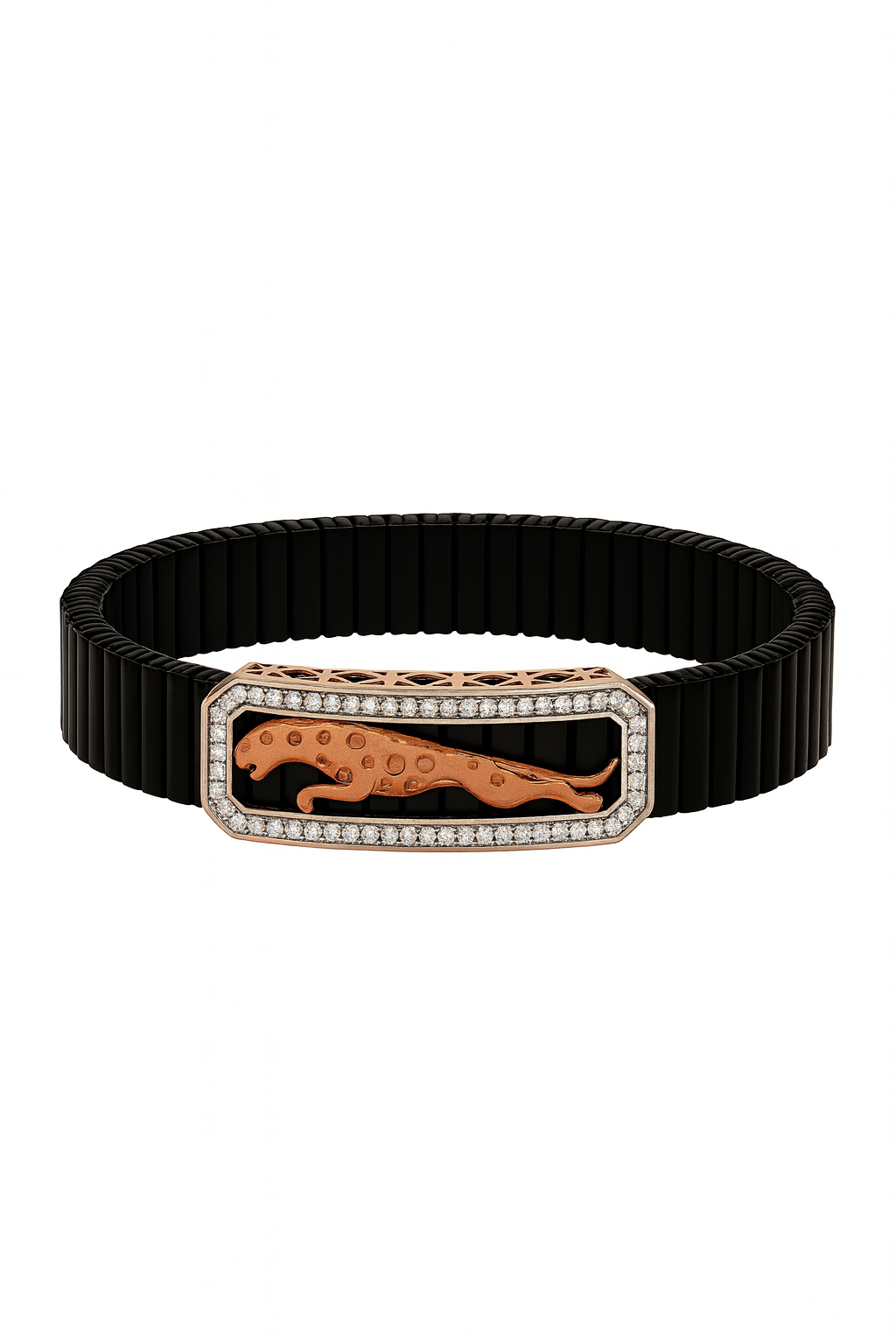Premium Jaguar Logo Men’s Bracelet Black Ceramic Stretch Band with Silver CZ Plate