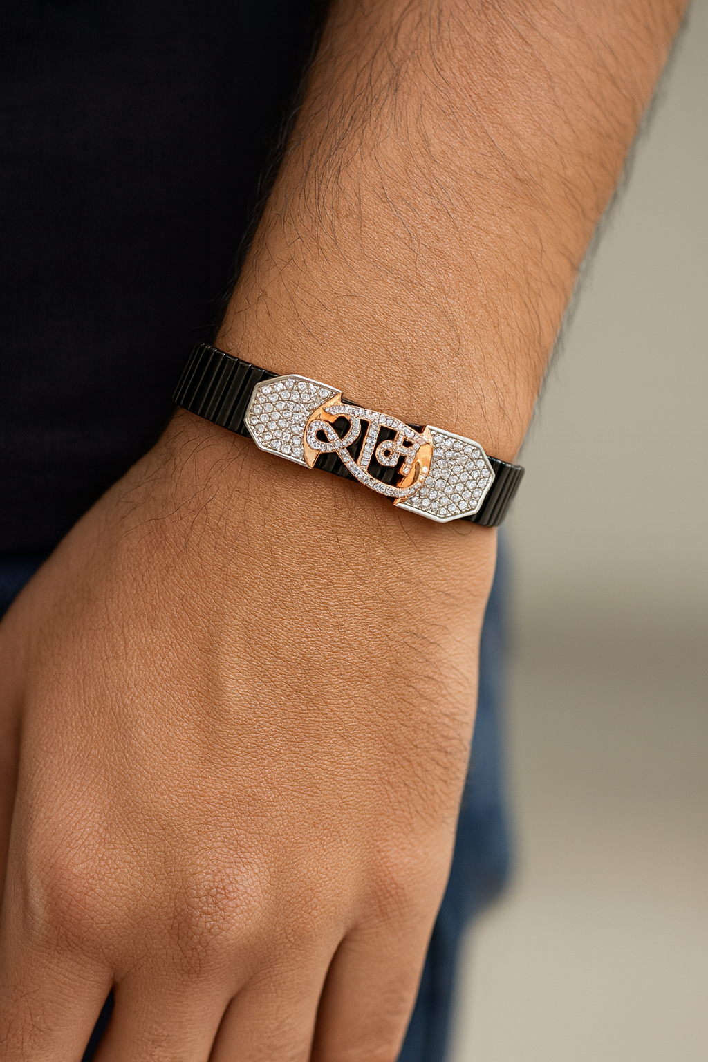 Premium Shubh Men’s Bracelet Black Ceramic Stretch Band with Rose Gold CZ Plate