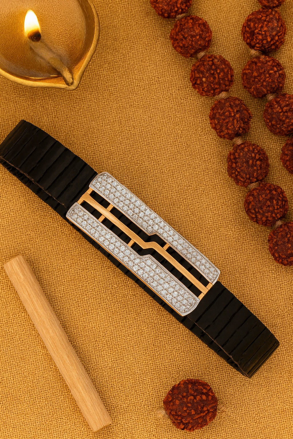 Premium Geometric Men’s Bracelet Black Ceramic Stretch Band with Rose Gold CZ Plate