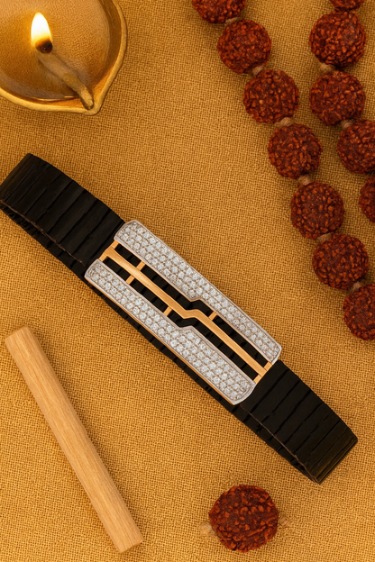 Premium Geometric Men’s Bracelet Black Ceramic Stretch Band with Rose Gold CZ Plate