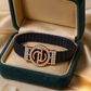 Premium Designer Logo Men’s Bracelet Blue Ceramic Stretch Band with Rose Gold CZ Round Emblem