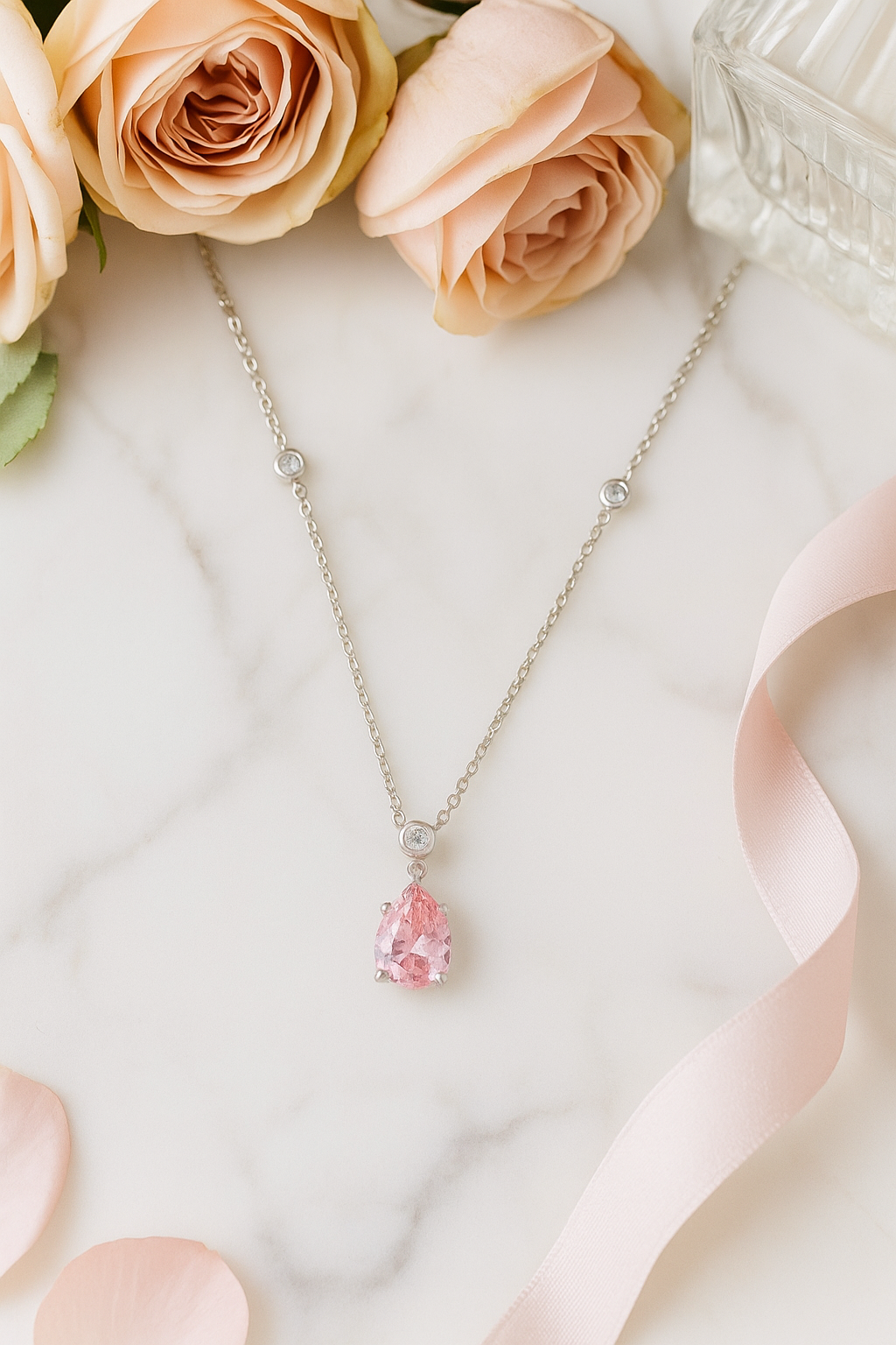 Pink Teardrop Pendant Necklace White Gold Finish with CZ Accents