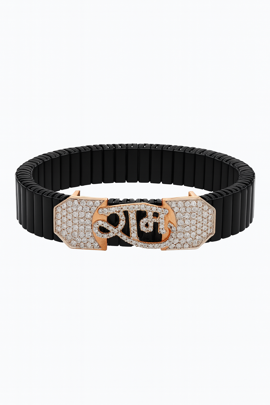 Premium Shubh Men’s Bracelet Black Ceramic Stretch Band with Rose Gold CZ Plate