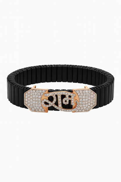 Premium Shubh Men’s Bracelet Black Ceramic Stretch Band with Rose Gold CZ Plate