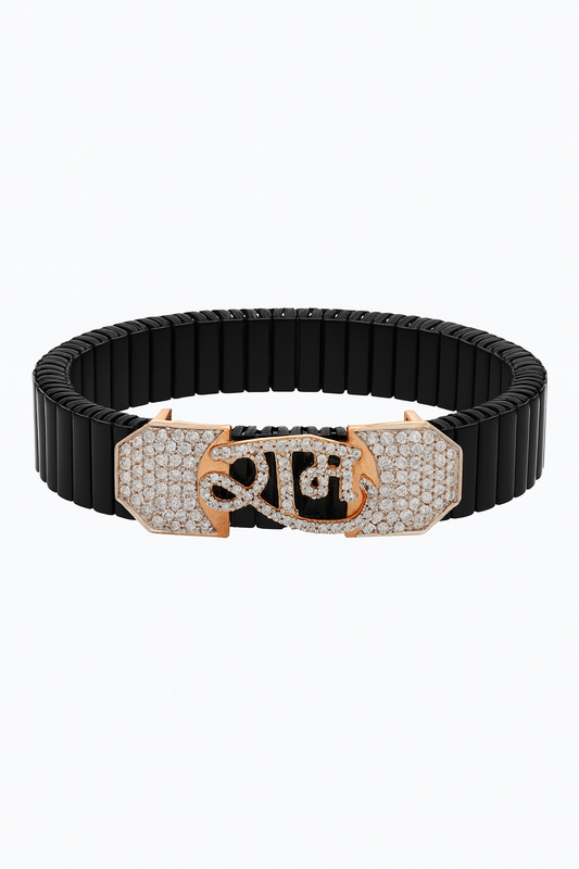 Premium Shubh Men’s Bracelet Black Ceramic Stretch Band with Rose Gold CZ Plate