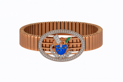 Premium Shree Nath Ji Face Men’s Bracelet Black Ceramic Stretch Band with Color Enamel & CZ Devotional Oval Plate