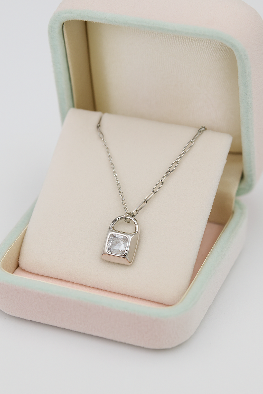 Minimal Lock Pendant Necklace with CZ Stone in White Gold Finish