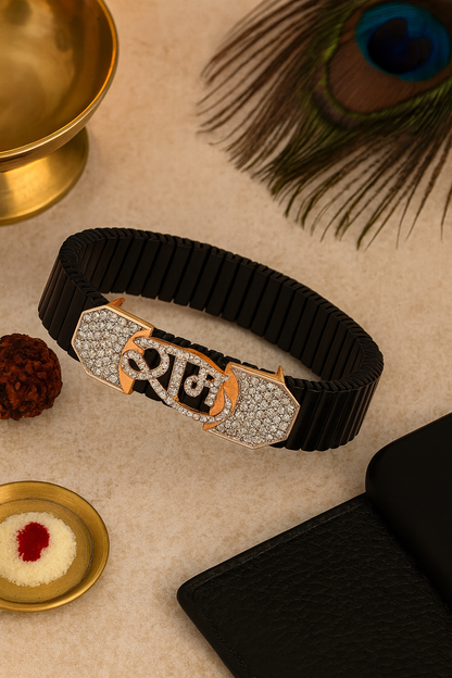 Premium Shubh Men’s Bracelet Black Ceramic Stretch Band with Rose Gold CZ Plate