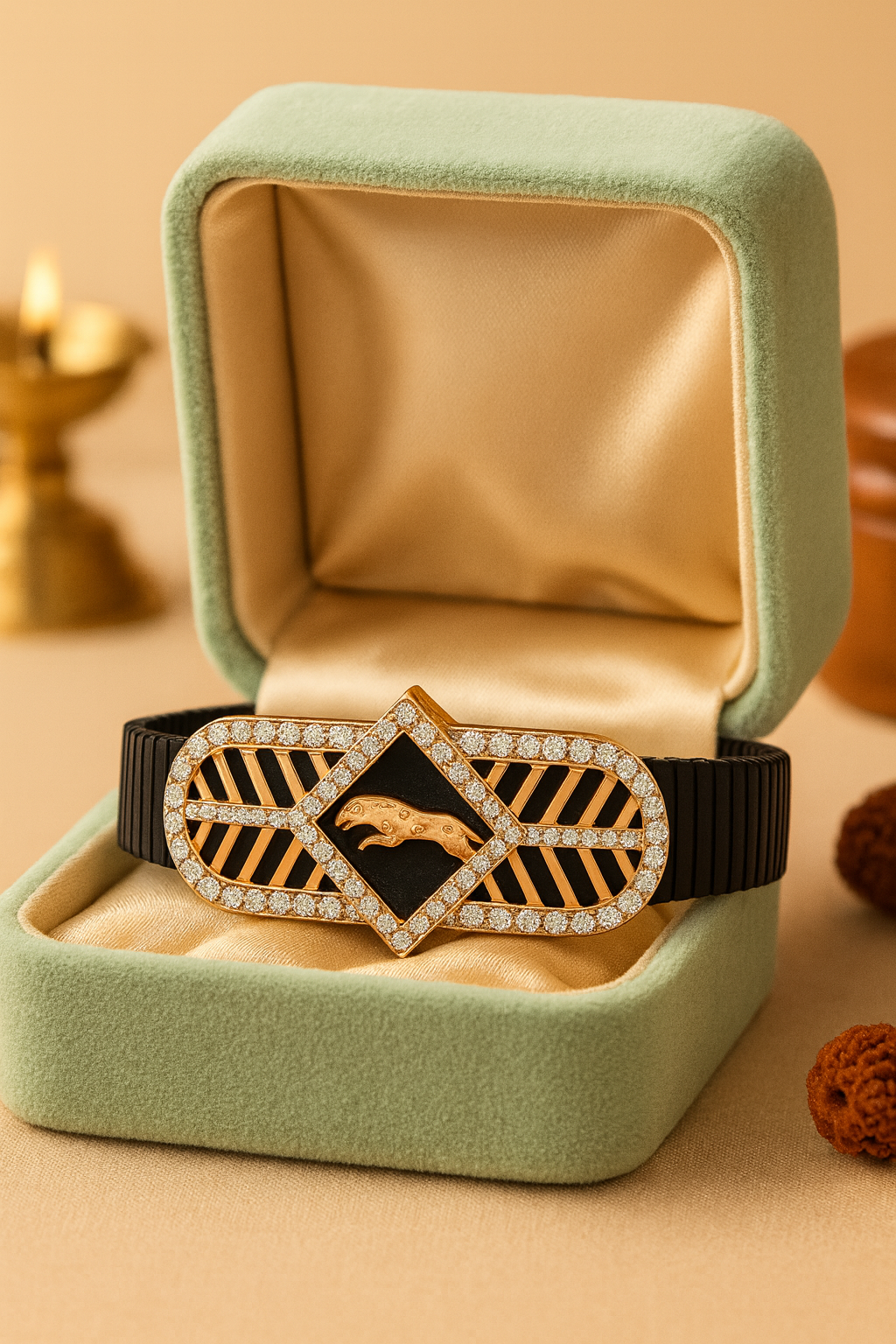 Jaguar Logo Men’s Bracelet Black Ceramic Stretch Band with Rose Gold CZ Designer Plate