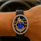 Premium Shree Nath Ji Face Men’s Bracelet Black Ceramic Stretch Band with Color Enamel & CZ Devotional Oval Plate