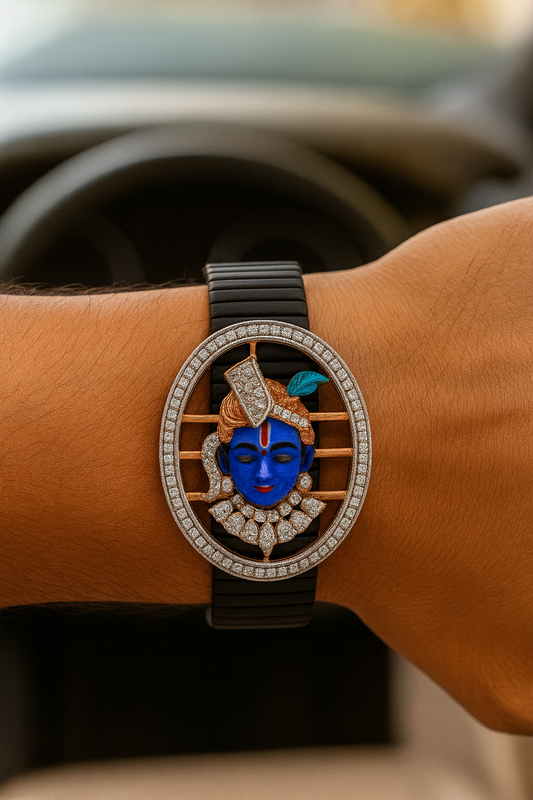 Premium Shree Nath Ji Face Men’s Bracelet Black Ceramic Stretch Band with Color Enamel & CZ Devotional Oval Plate