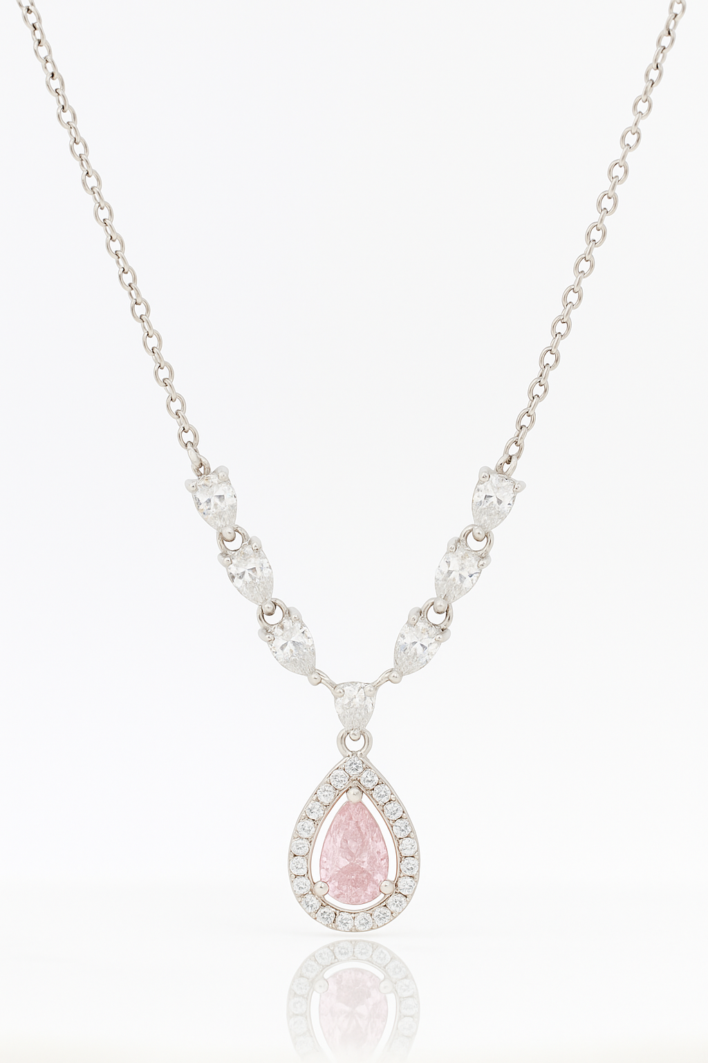 Pink Teardrop Pendant Necklace White Gold Finish with Halo CZ Stones