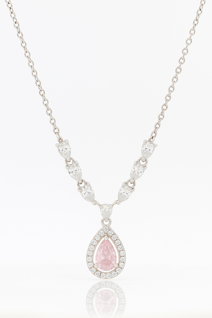 Pink Teardrop Pendant Necklace White Gold Finish with Halo CZ Stones