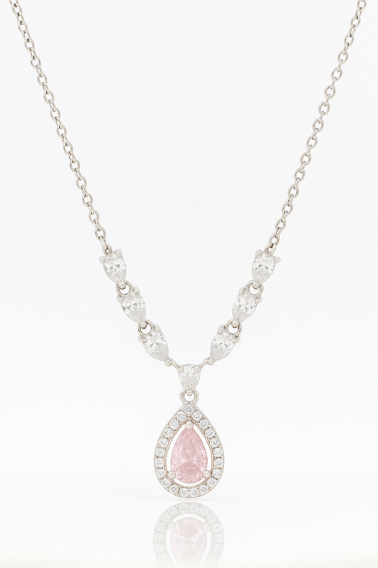 Pink Teardrop Pendant Necklace White Gold Finish with Halo CZ Stones