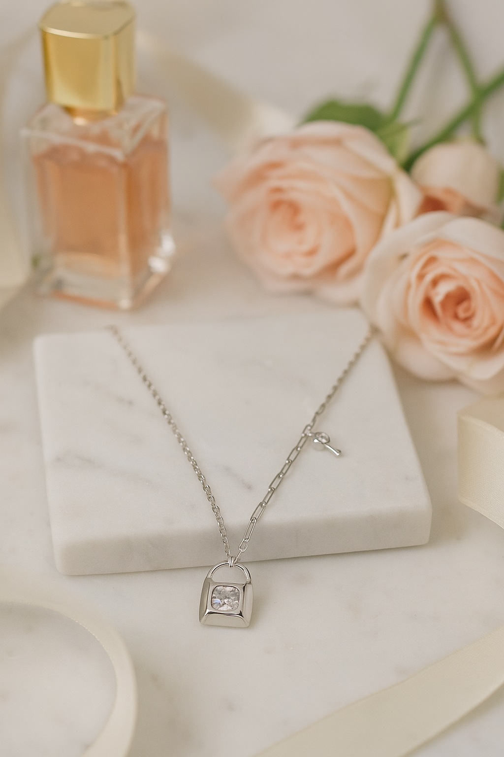 Minimal Lock Pendant Necklace with CZ Stone in White Gold Finish