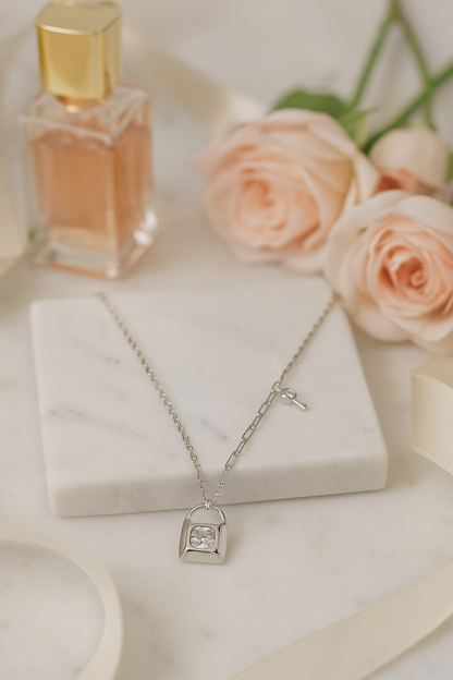 Minimal Lock Pendant Necklace with CZ Stone in White Gold Finish