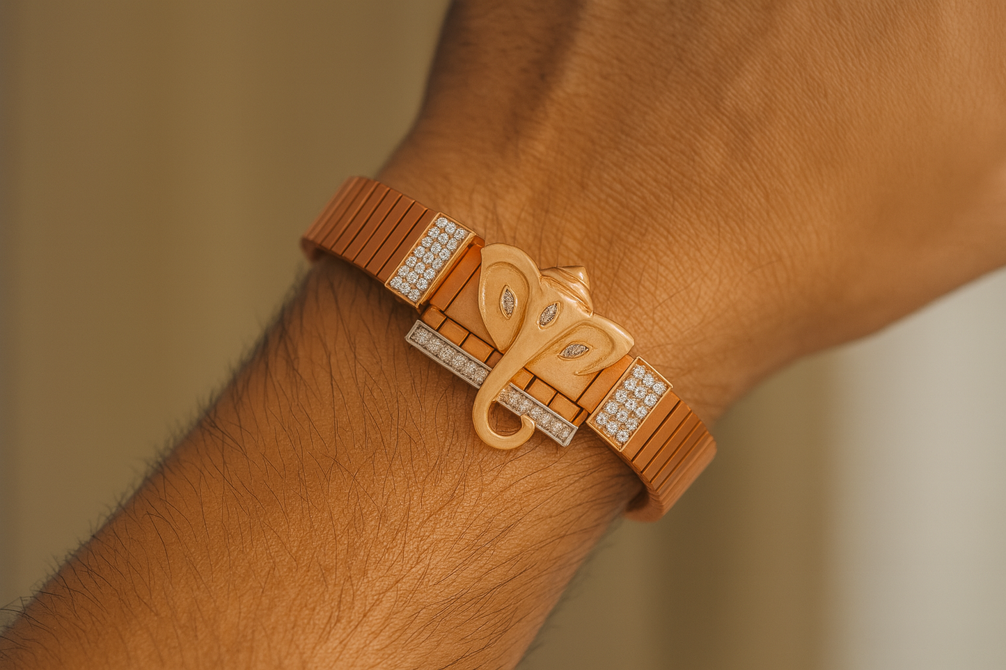 Premium Ganesh Designer Men’s Bracelet Rose-Gold Ceramic Stretch Band with CZ Embellished Detailing