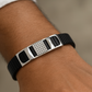 Premium Silver Designer Men’s Bracelet Black Ceramic Stretch Band with CZ Studded Centerpiece