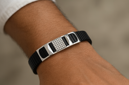 Premium Silver Designer Men’s Bracelet Black Ceramic Stretch Band with CZ Studded Centerpiece