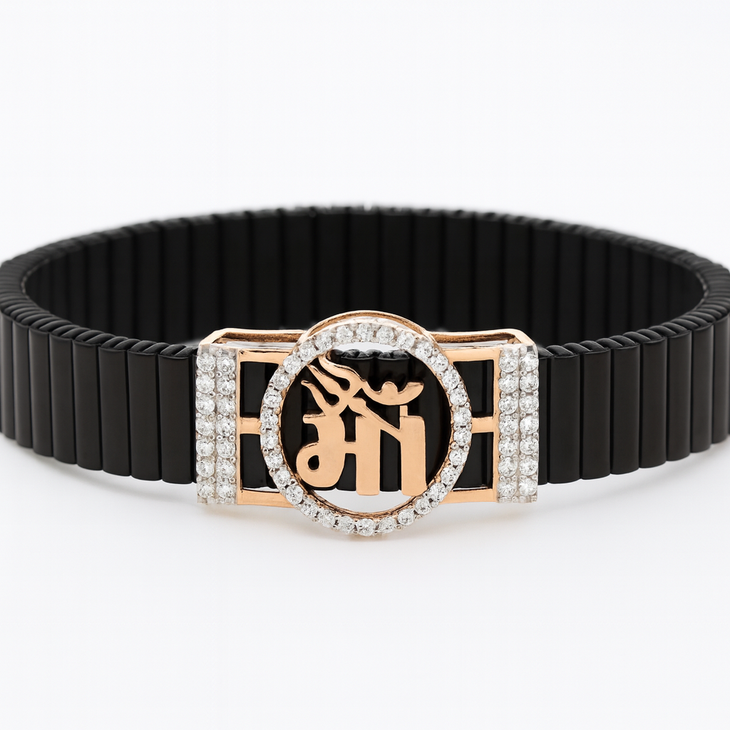 Premium Maa Logo Men’s Bracelet Black Ceramic Stretch Band with Rose Gold CZ Plate