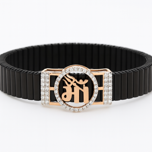 Premium Maa Logo Men’s Bracelet Black Ceramic Stretch Band with Rose Gold CZ Plate