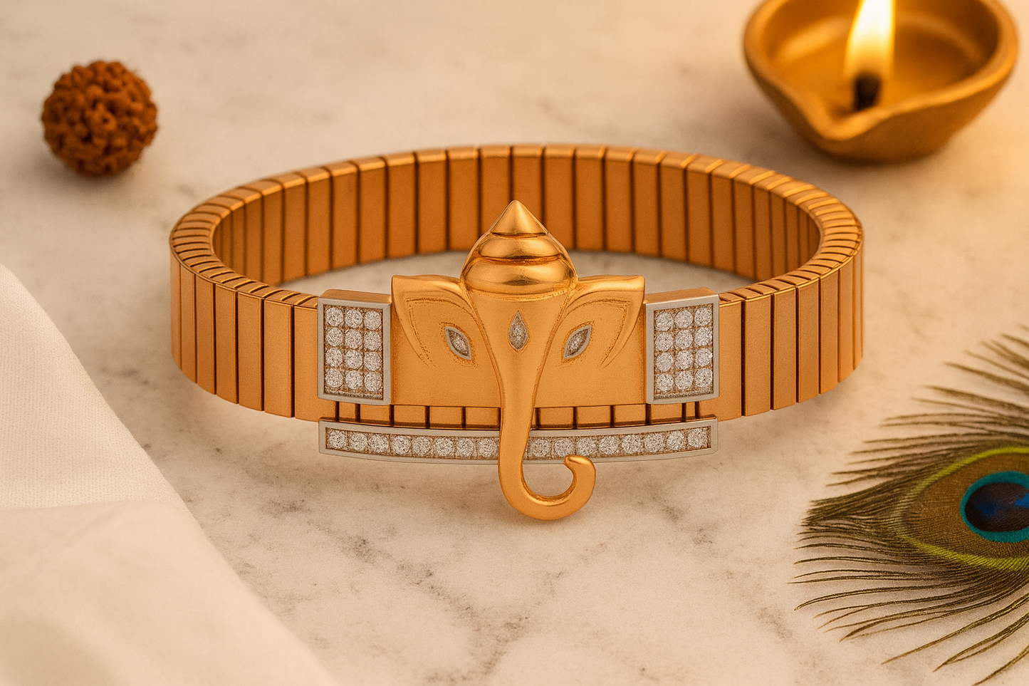 Premium Ganesh Designer Men’s Bracelet Rose-Gold Ceramic Stretch Band with CZ Embellished Detailing