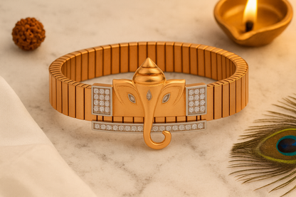 Premium Ganesh Designer Men’s Bracelet Rose-Gold Ceramic Stretch Band with CZ Embellished Detailing