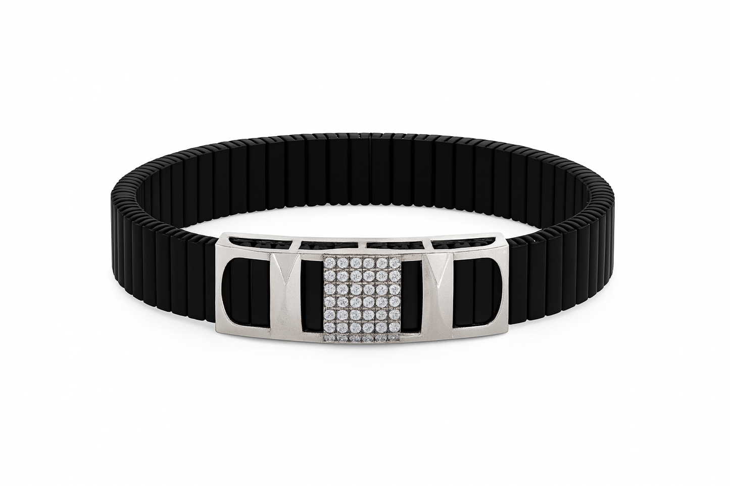 Premium Silver Designer Men’s Bracelet Black Ceramic Stretch Band with CZ Studded Centerpiece