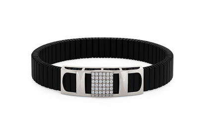 Premium Silver Designer Men’s Bracelet Black Ceramic Stretch Band with CZ Studded Centerpiece