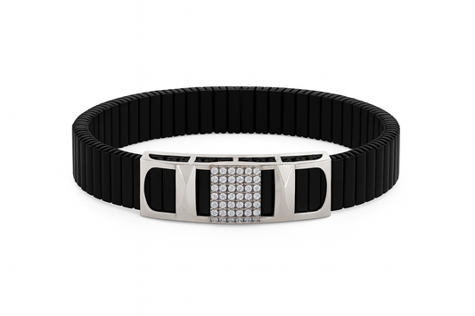 Premium Silver Designer Men’s Bracelet Black Ceramic Stretch Band with CZ Studded Centerpiece
