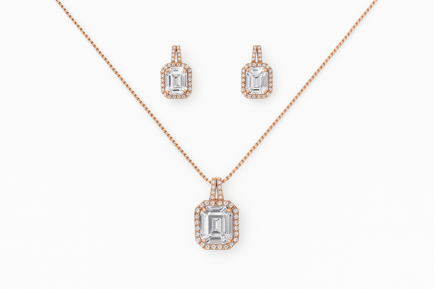 Rose-Gold Emerald Cut Pendant & Earrings Set for Women