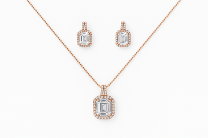 Rose-Gold Emerald Cut Pendant & Earrings Set for Women